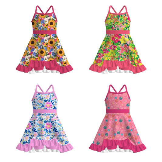Girls Summer Flower Floral Print Slip Outdoor Dress