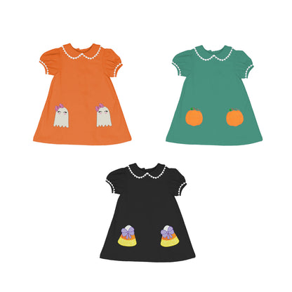 Girls Halloween Ghost Candy Corn Pumpkin Print Boutique Dress