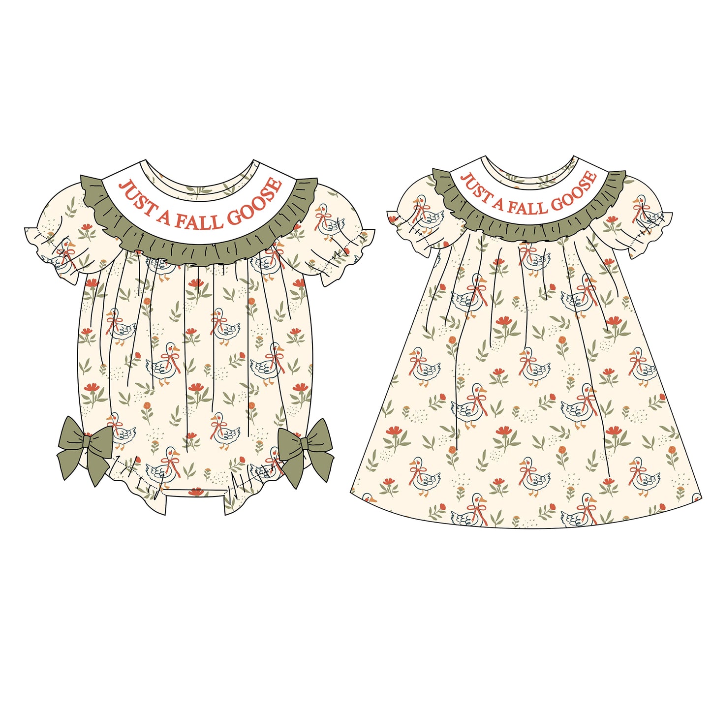 Fall Just A Fall Goose Sister Embroidered Green Bow Dress&Romper