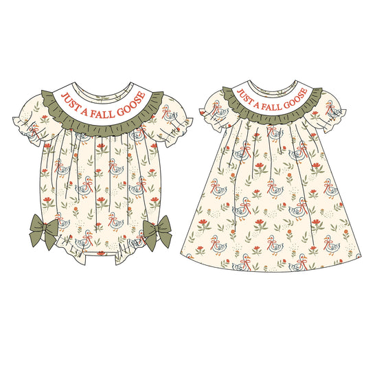 Fall Just A Fall Goose Sister Embroidered Green Bow Dress&Romper