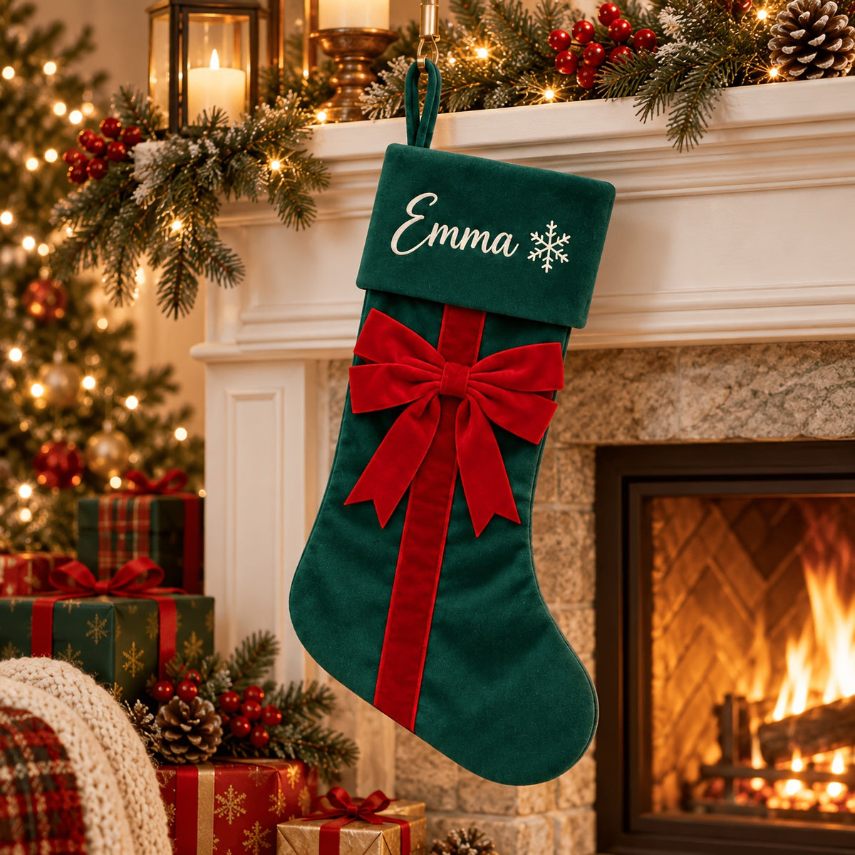 Personalized Christmas Stockings with Velvet Bow – Custom Name Embroidered Holiday Stocking, Red Green Beige White Christmas Tree & Fireplace Decor