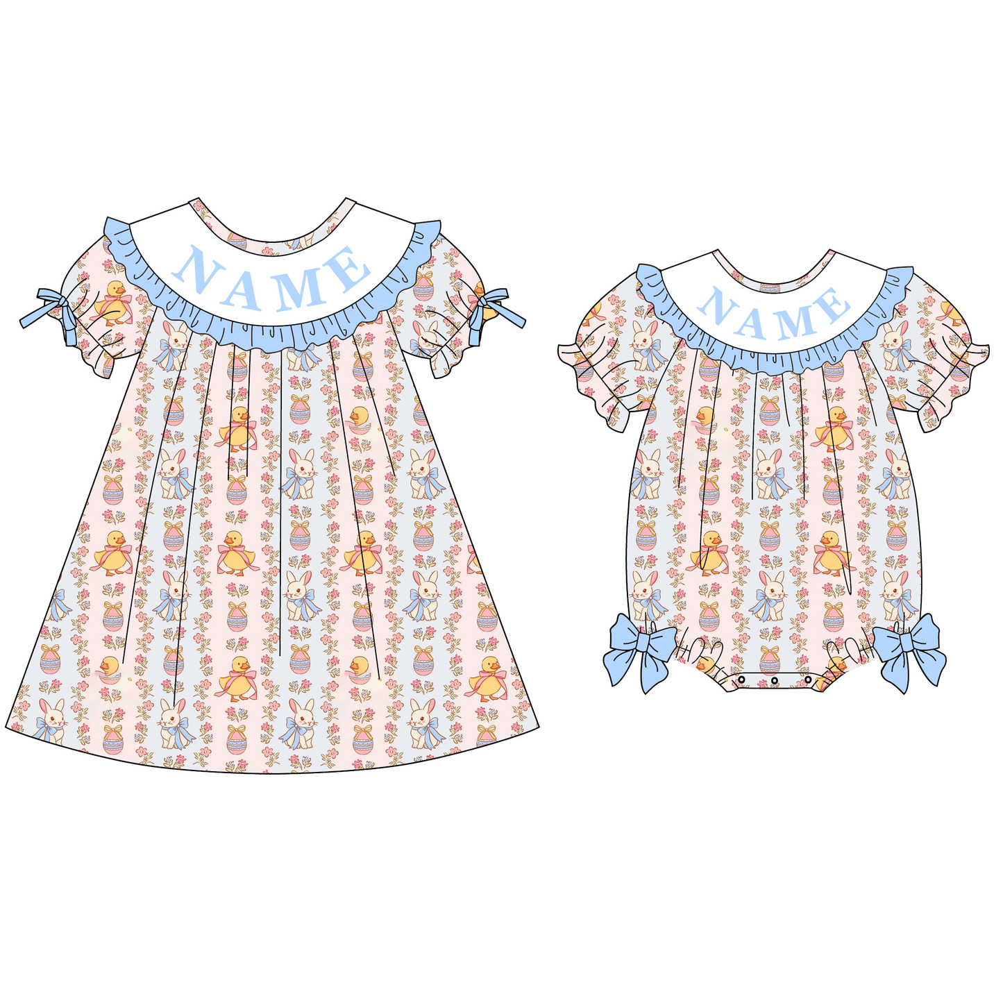 Spring Blue Floral Custom Name Embroidery Smock Outfits