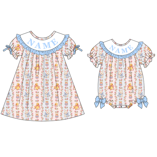 Spring Blue Floral Custom Name Embroidery Smock Outfits