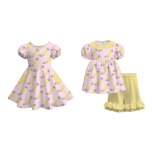 Girls Back To School Pink Yellow Pencil Dress & Short Set