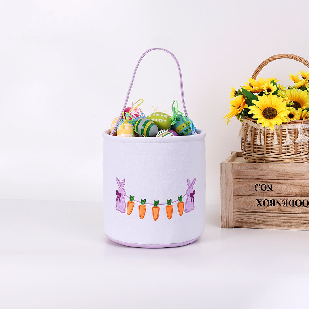 Easter Bunny Embroidered Candy Basket with Carrot Design, Kids Treat Bucket