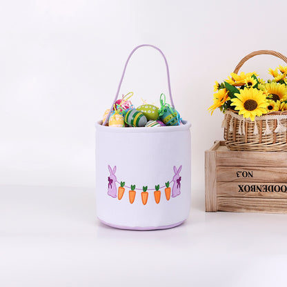 Easter Bunny Embroidered Candy Basket with Carrot Design, Kids Treat Bucket