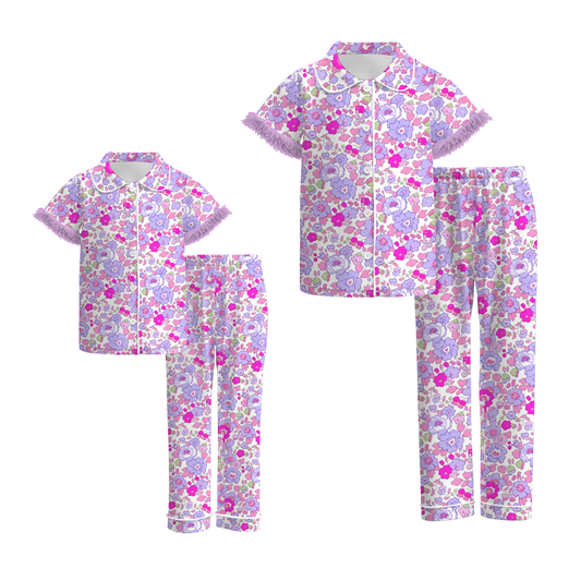 Mommy And Me Fall Purple Floral Cozy Fur Pajamas Set