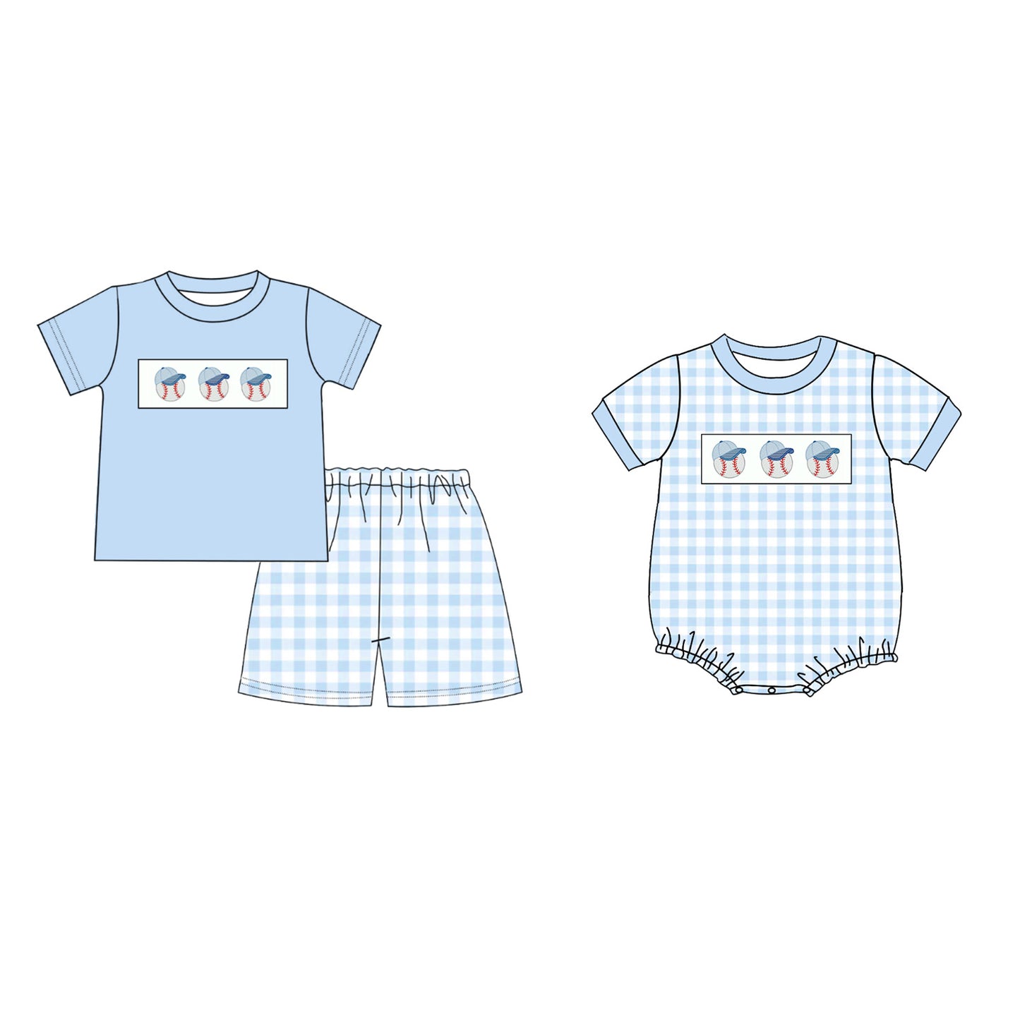 Summer Boys Brother Baseball Embroidery Blue Plaid Set And Romper
