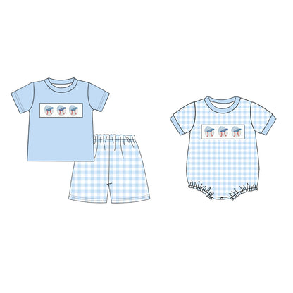 Summer Boys Brother Baseball Embroidery Blue Plaid Set And Romper
