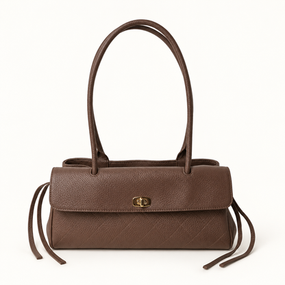 Top-Grain Cowhide Leather Shoulder Bag – East-West Quilted Flap Handbag with Double Handles & Gold-Tone Hardware