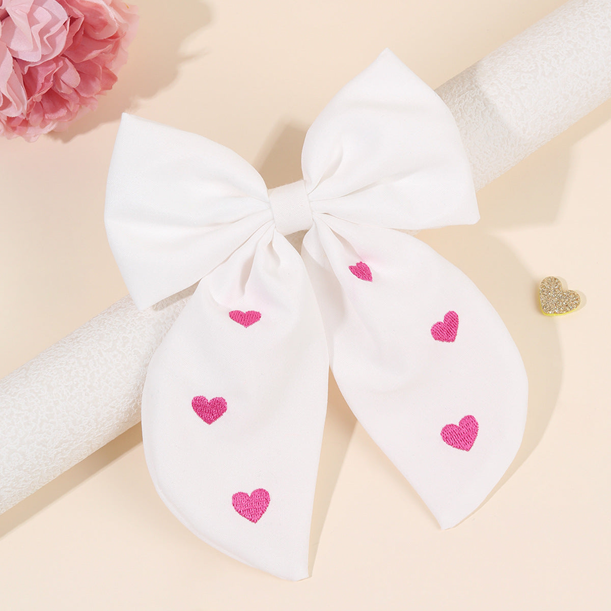Valentine’s Day Pink Bow Streamer Hair Clip – Heart Embroidered Cotton Linen Ribbon Barrette