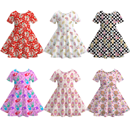 Girls Spring Summer LABUBU Print Short Sleeves Twirl Dress