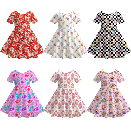 Girls Spring Summer LABUBU Print Short Sleeves Twirl Dress