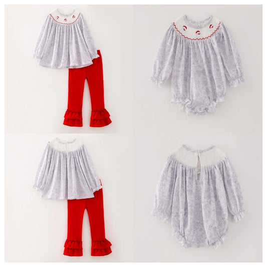 Girls Christmas Santa Embroidery Smocked Pant Set & Romper