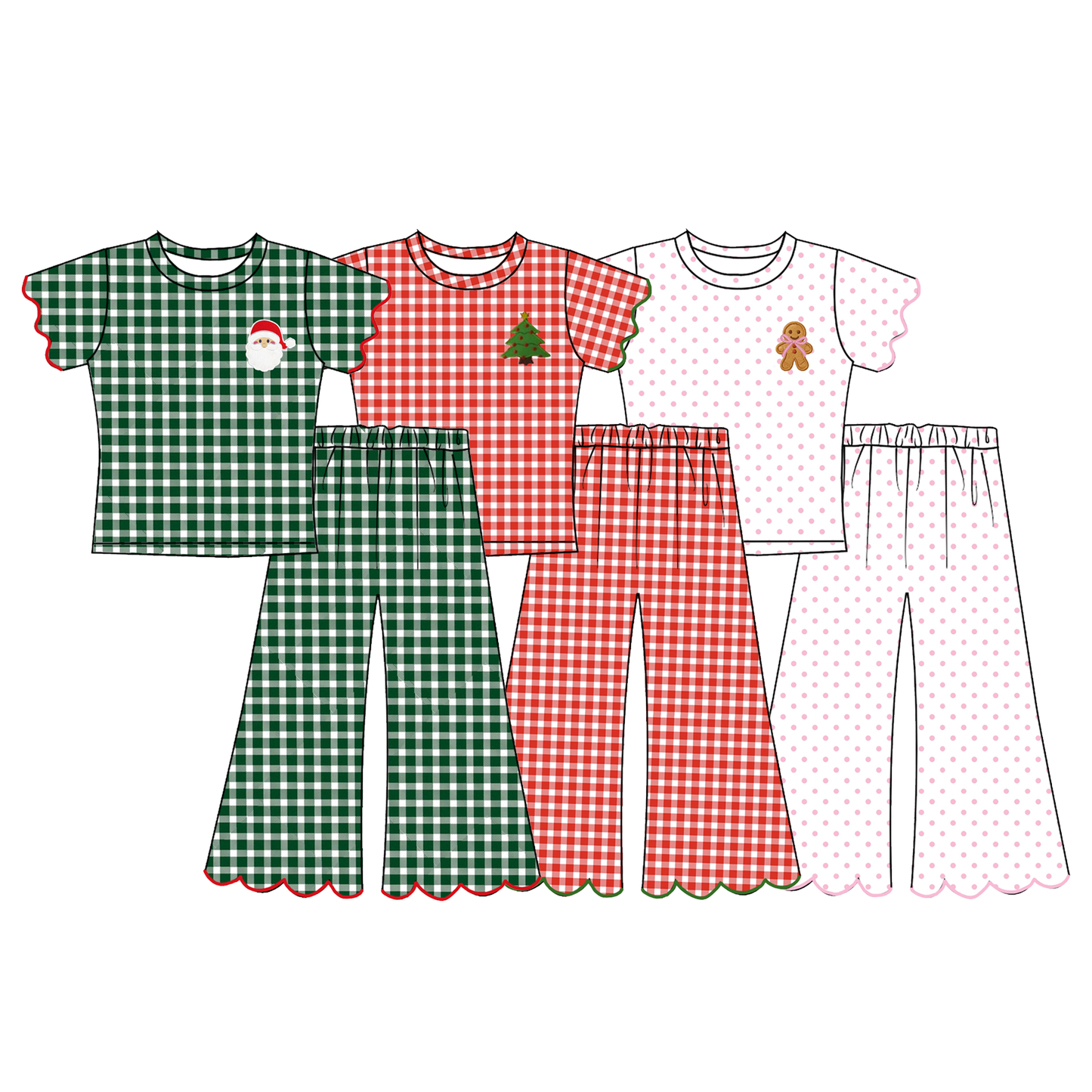 Girls Christmas Embroidered Boutique Set | Santa, Christmas Tree & Gingerbread Appliqué | Gingham Holiday Outfits