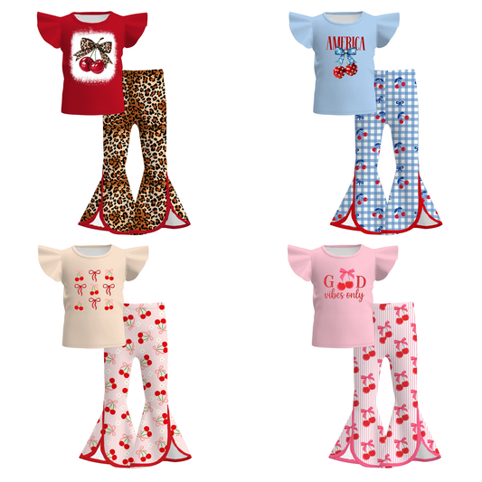 Girls Summer Boutique Cute Cherry Print Bell Pant Set