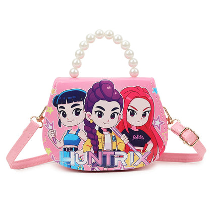 K-POP Demon Hunters Anime Print Kids Crossbody Bag with Pearl Handle & PU Strap
