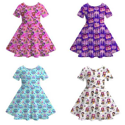 Girls Spring Summer Kpop Demon Hunter Short Sleeves Twirl Dress