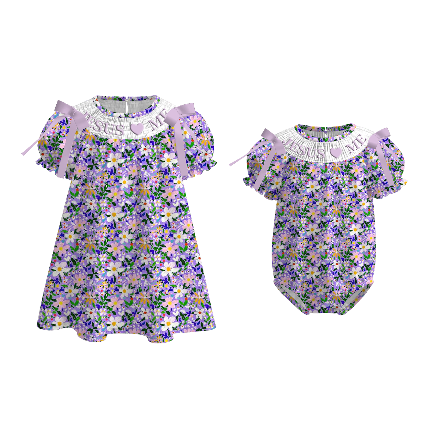 Summer JESUS LOVE ME Smock Embroidery Purple Floral Girls Dress & Romper