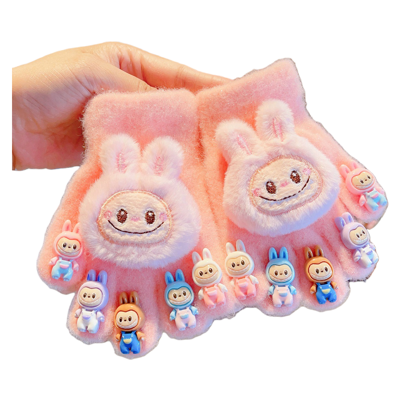 Cute Labubu Plush Half-Finger Gloves Warm Knitted Mittens with 3D Bunny and Silicone Labubu Charms