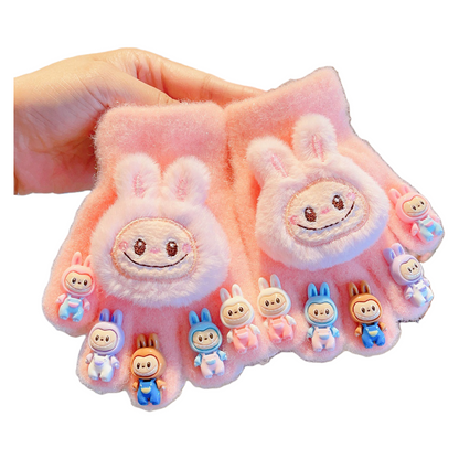 Cute Labubu Plush Half-Finger Gloves Warm Knitted Mittens with 3D Bunny and Silicone Labubu Charms