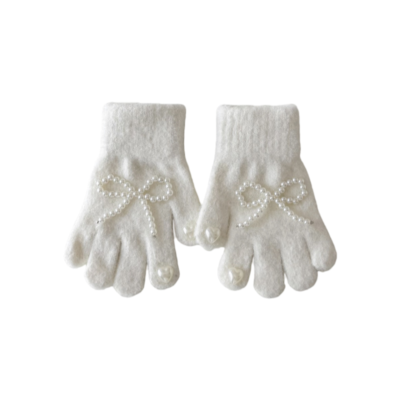 Winter Kids Gloves New Solid Color Bow and Pearl Decor Knitted Five-Finger Gloves for Girls