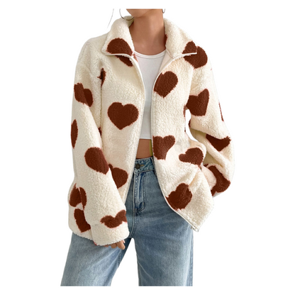 Valentine’s Day Plush Heart Print Zip-Up Cardigan Jacket Loose Fit Long Sleeve Outerwear Spring Winter