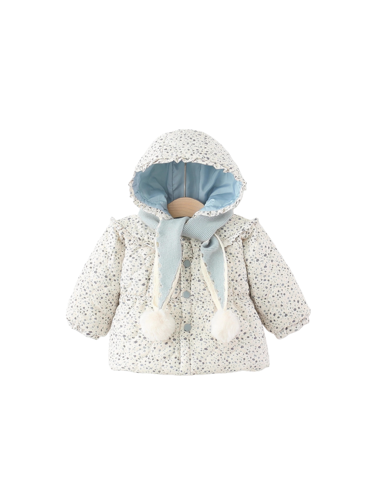 Baby Girls Winter Padded Coat Hooded Floral Jacket with Scarf Thick Warm Cotton Jacket