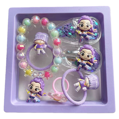 K-Pop Demon Hunters Cartoon Jewelry Gift Set Beaded Bracelet, Hair Tie, Plastic Ring, Hair Clip & Charm Box