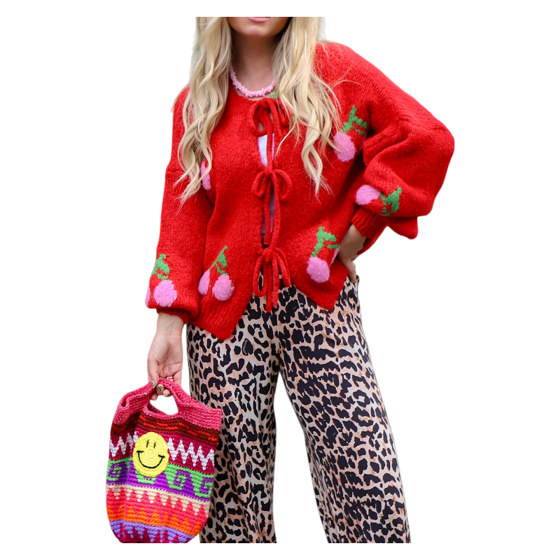 2026 Spring Cherry Embroidered Jacquard Knit Cardigan with Tie Front for Women
