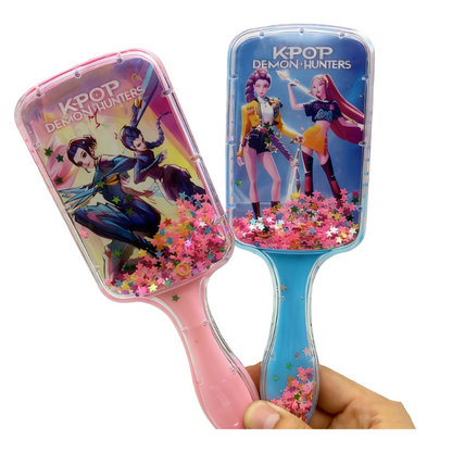 K-POP Demon HUNTR Square Liquid Glitter Hair Brush – Cute Long-Handle Cushion Comb for Daily Use