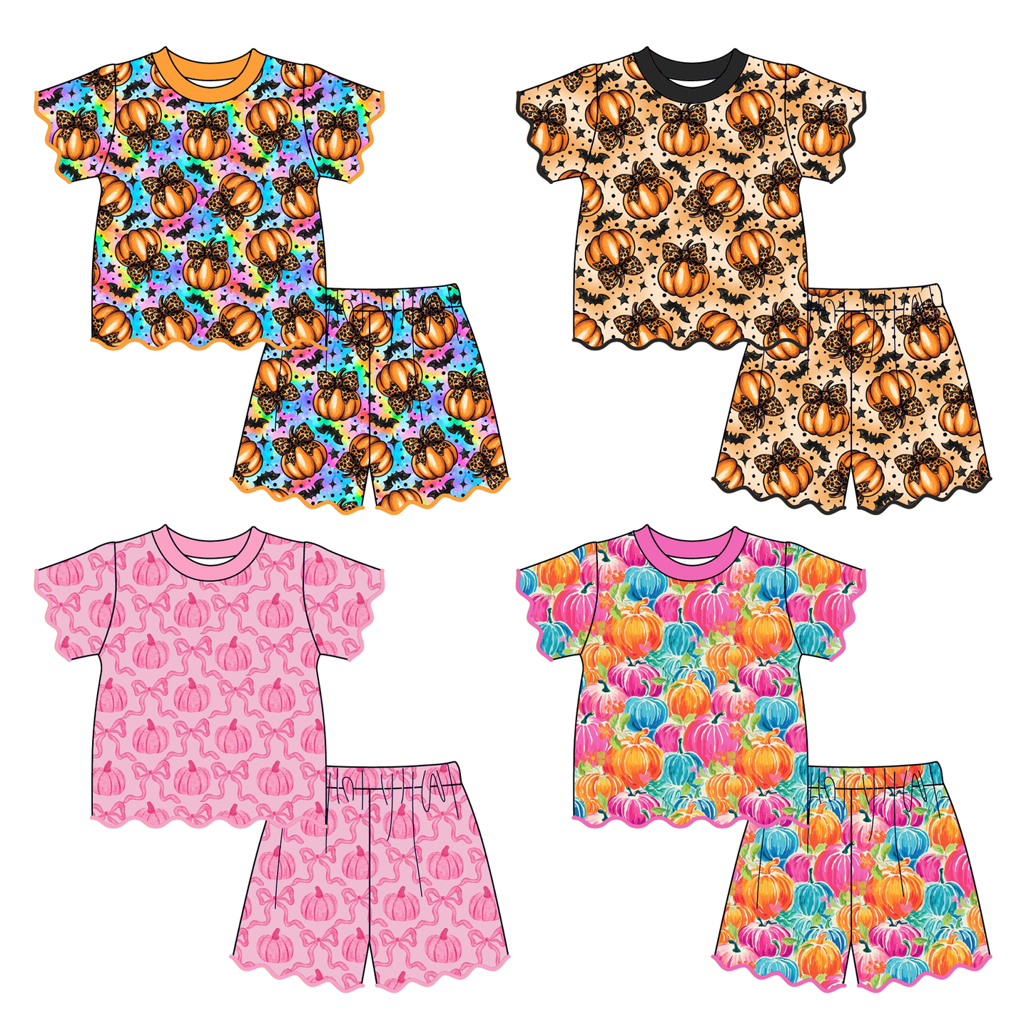 Girls Boutique Halloween Fall Pumpkin Scalloped Trim Short Set