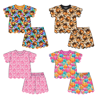 Girls Boutique Halloween Fall Pumpkin Scalloped Trim Short Set