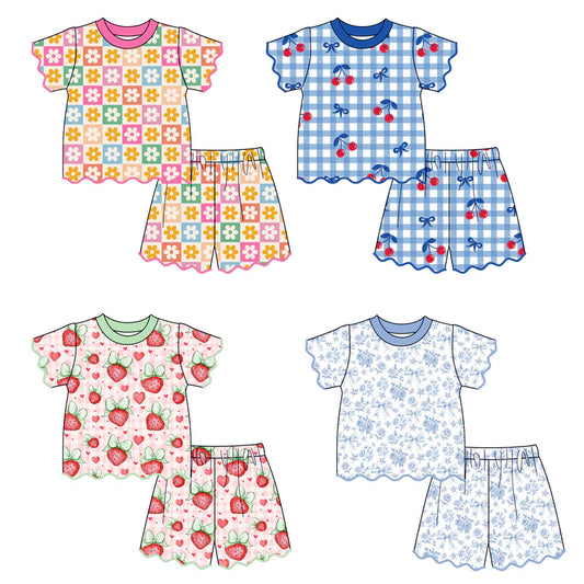 Summer Flower Fruit Printed Scallop Embroidered Trim Short Set