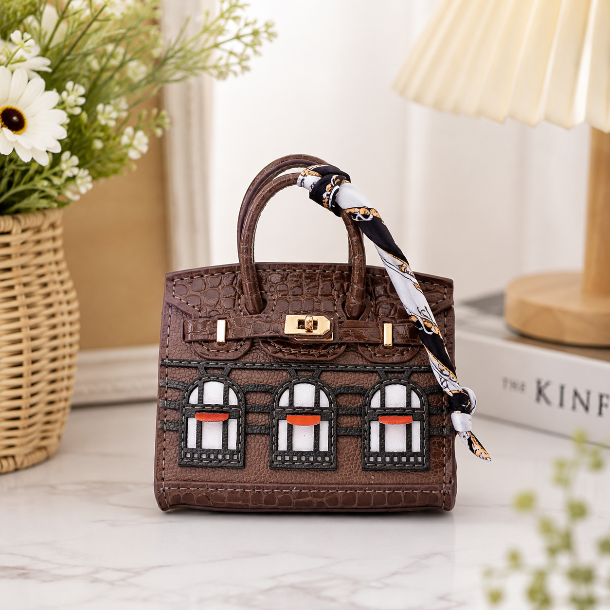 Mini House Bag Charm with Scarf – Faux Leather Coin Purse & Earbud Pouch