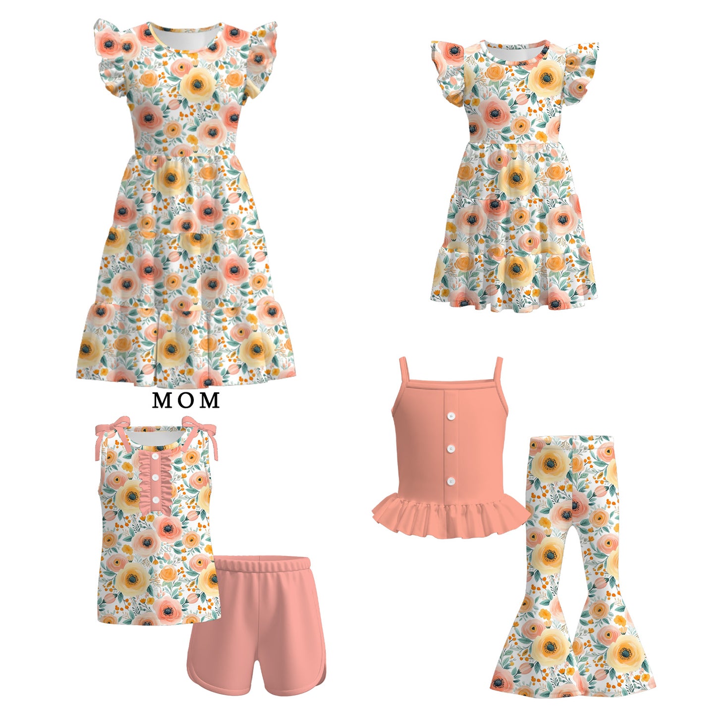 Mommy And Me Summer Coral Yellow Floral Matching Dress Set
