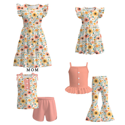 Mommy And Me Summer Coral Yellow Floral Matching Dress Set