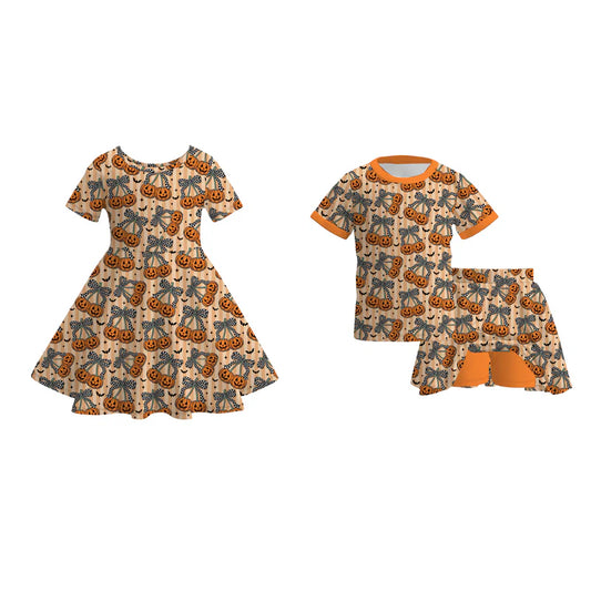 Halloween Pumpkin Bow Collection | Girls Dress & Skort Set | Boutique Fall Outfit