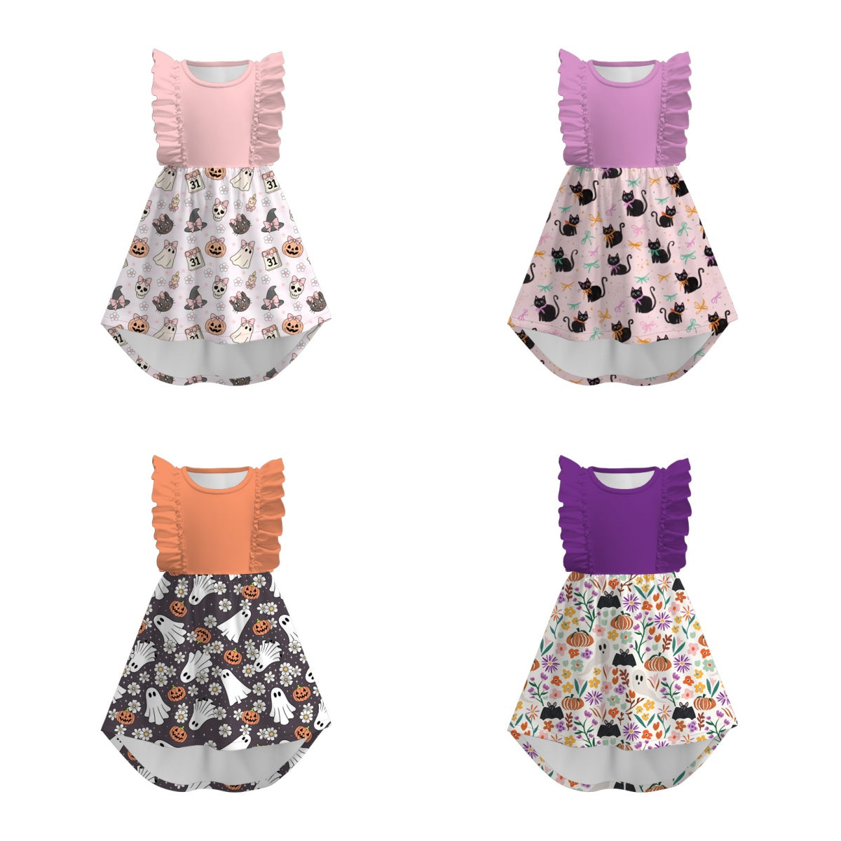 Girls Fall Halloween Pumpkin Ghost Cat Print Ruffles Dress