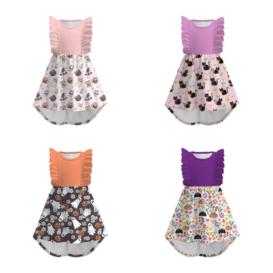 Girls Fall Halloween Pumpkin Ghost Cat Print Ruffles Dress