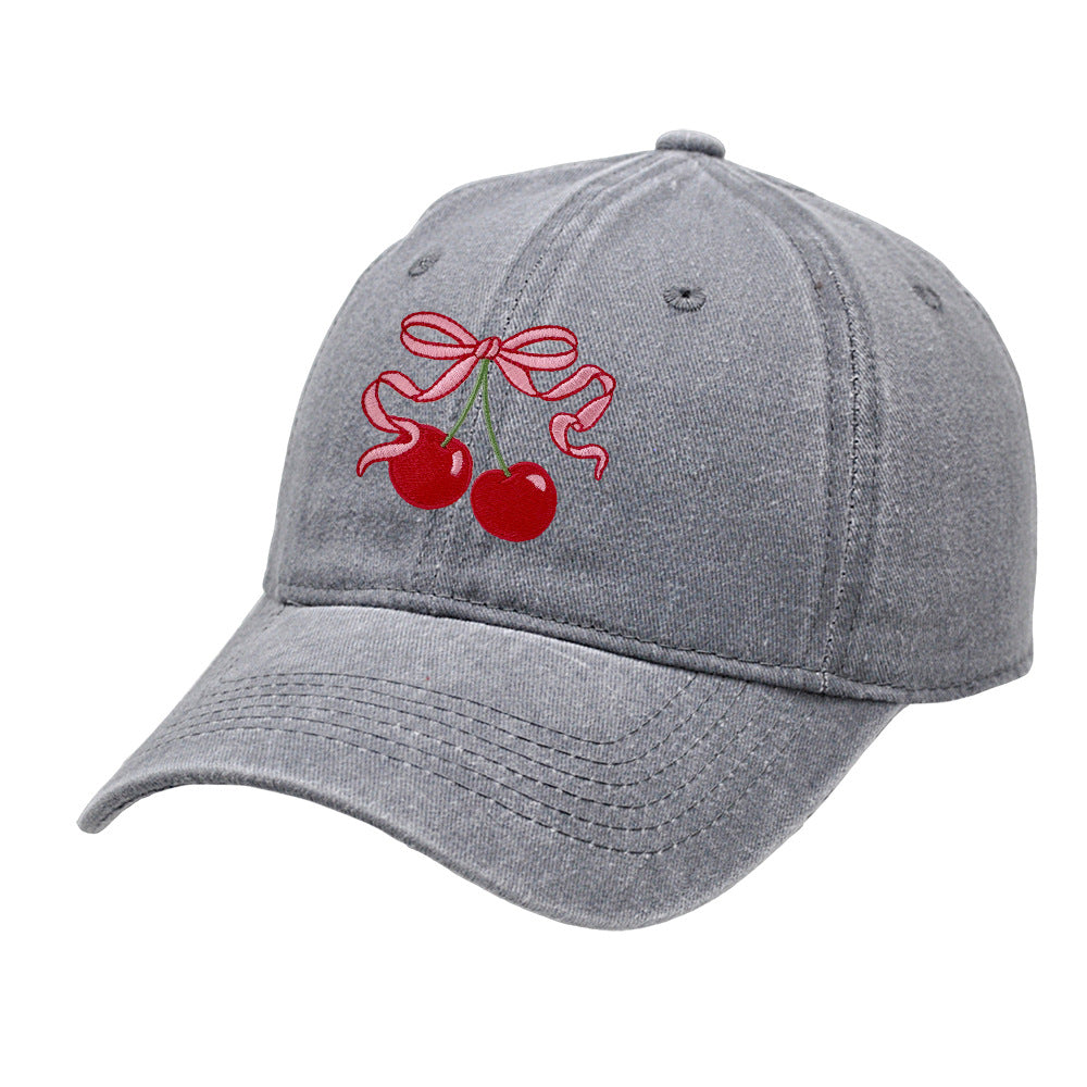 Vintage Washed Baseball Cap with Cherry & Bow Embroidery