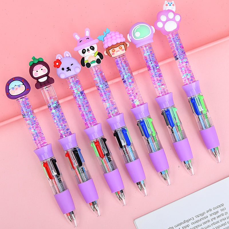 Glitter Quicksand 4-Color Retractable Ballpoint Pens Cartoon Gel Ink Pens with Fun Floating Liquid Design