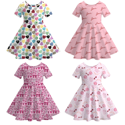 Valentine's Day Heart  Print Short Sleeves Girls Twirl Dress