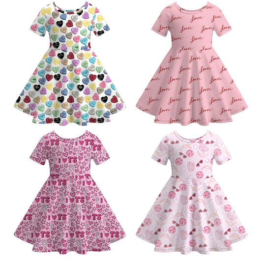 Valentine's Day Heart  Print Short Sleeves Girls Twirl Dress