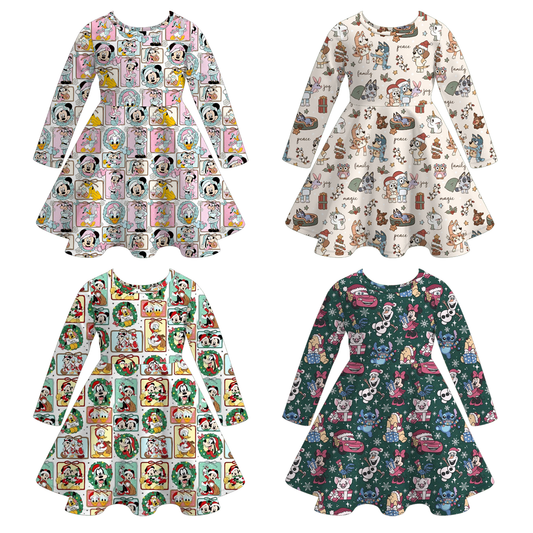 2025 Christmas Cartoon Snowman Print Soft Twirl Dress For Girls