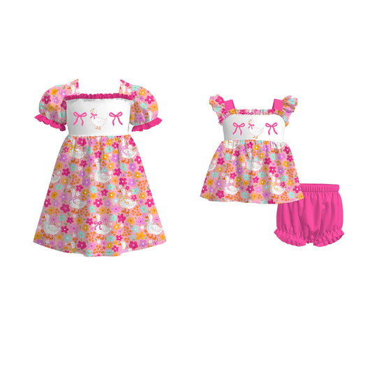Girls Summer Pink Floral Silly Goose Embroidery Dress & Romper Set