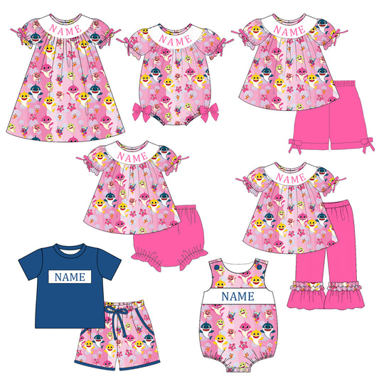 Custom Name Smocked Embroidery Baby Girl Shark Print Outfit Set | Personalized Boutique Toddler Clothing Collection