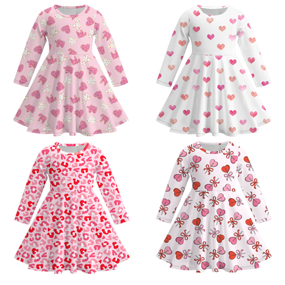 2026 Valentine's Day  Girls Long Sleeves Heart Twirl Dress