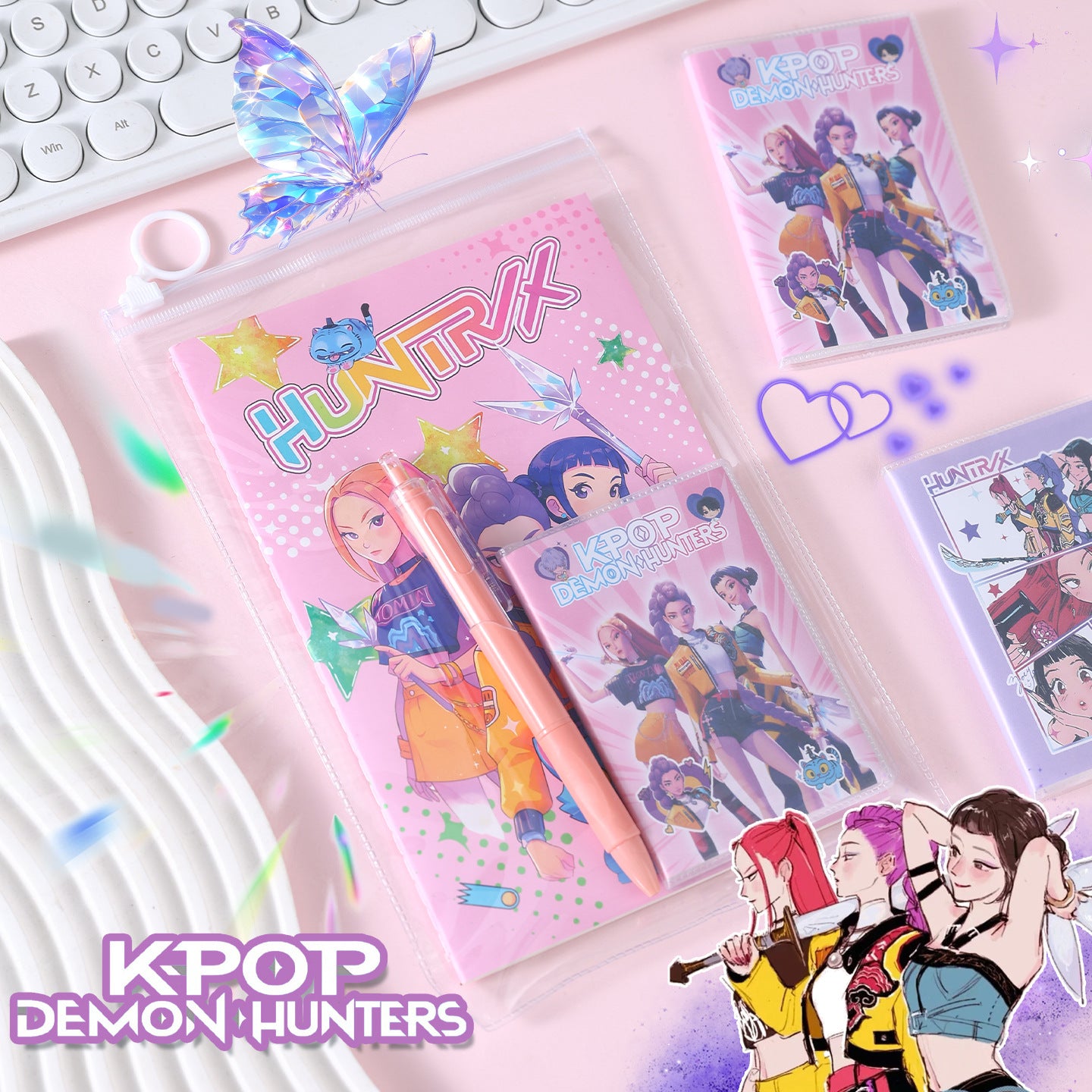 K-POP Demon Hunter Girl Group Stationery Set Notebook, Click Pen, Highlighter & Zipper Pouch for School or Office
