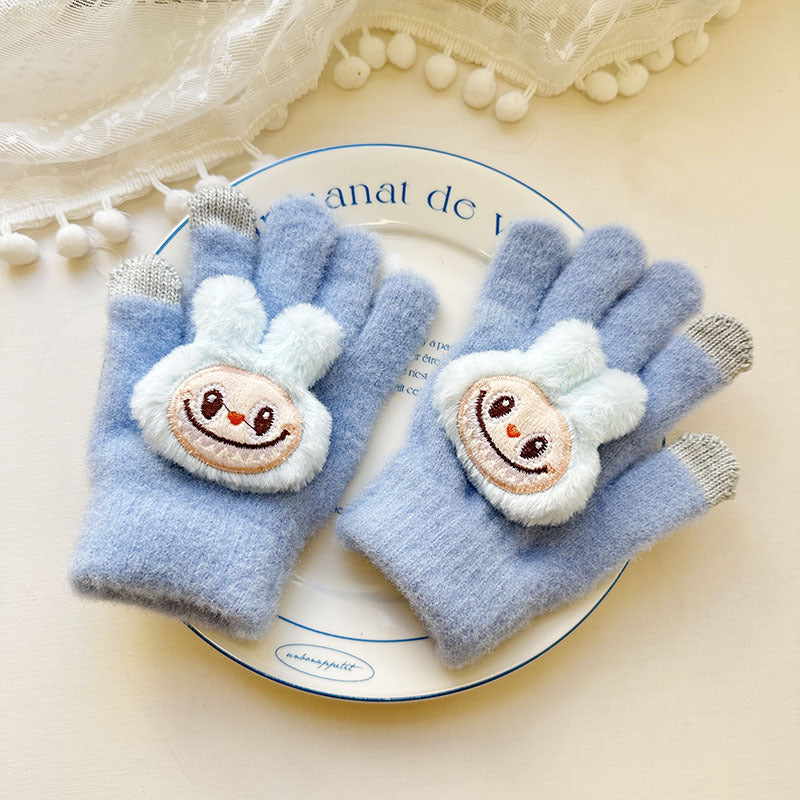 Winter Knit Gloves with Plush Doll Decoration Warm Fuzzy Finger Gloves for Parent Child Matching